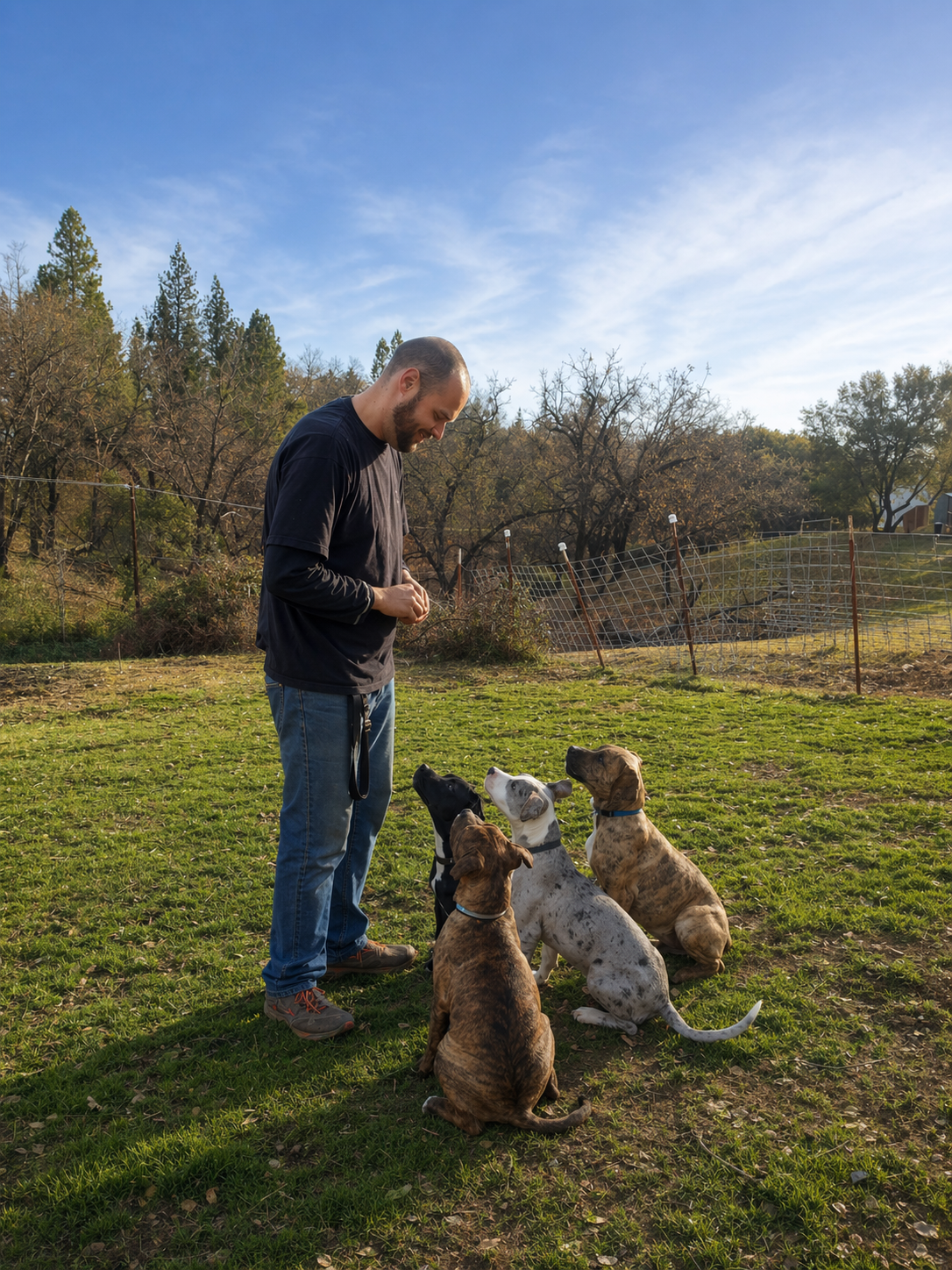 Erik training rescue dogs outdoors at Heartsong